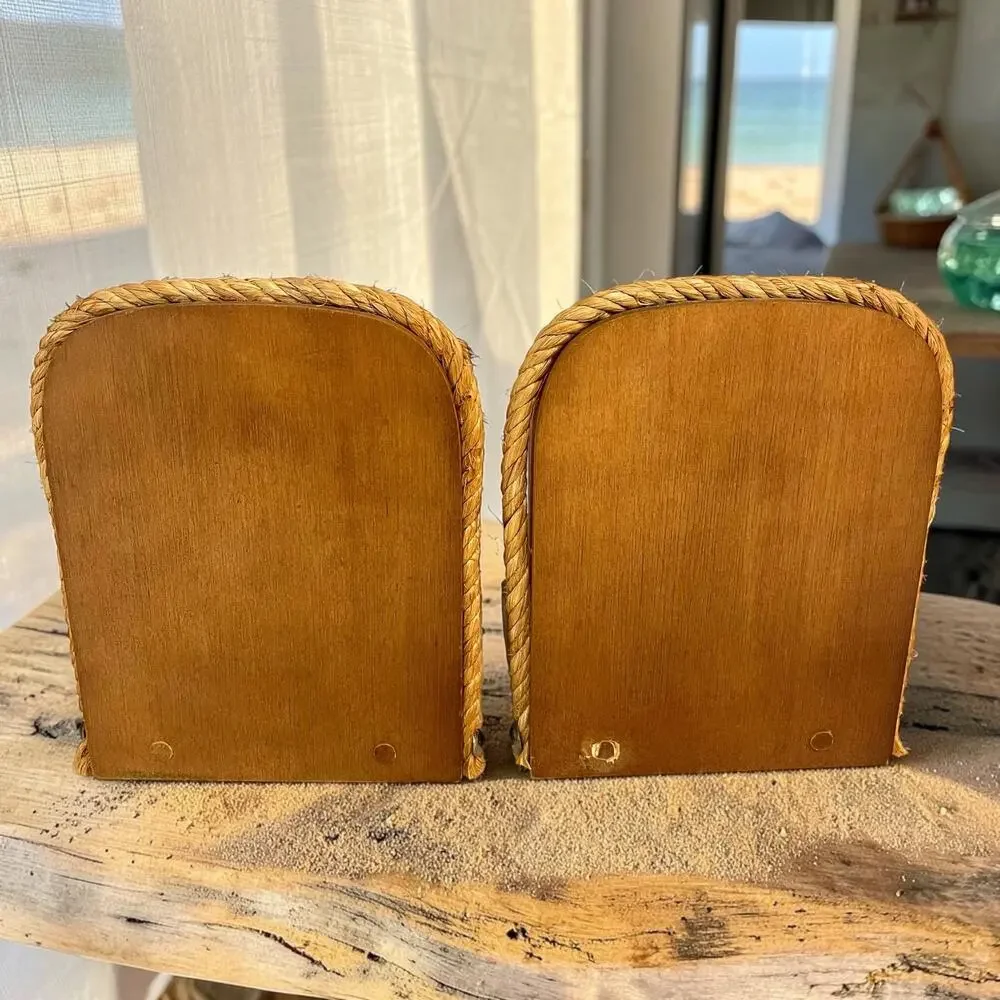 Vintage Nautical Wood Anchor Rope Bookends Pair Made in Taiwan Coastal Decor